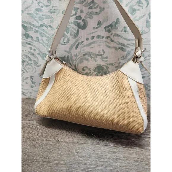 Fossil 75082 Woven Straw Fabric Handbag Purse w/ Leather Trim 13"x8"x4" - Picture 5 of 13